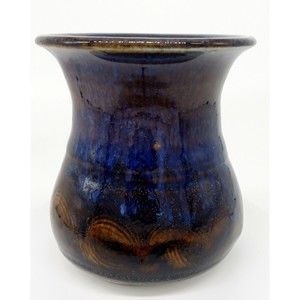 Blue Studio Art Pottery Vase Drip Glazed With Metal Spike Flower Frog Signed